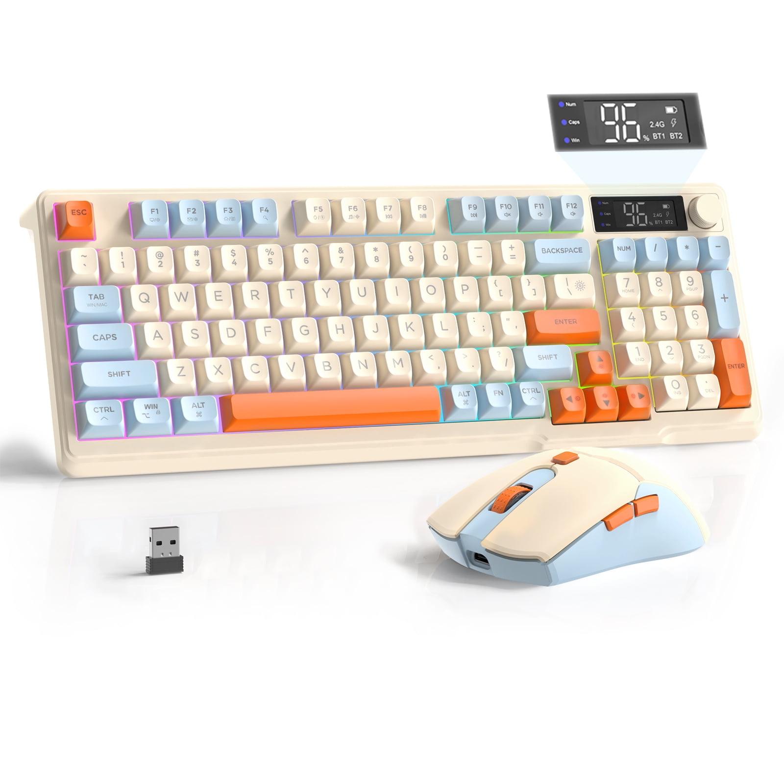 ZIYOU LANG T96 Wireless Gaming Keyboard and Mouse Combo, Dual Bluetooth//2.4G RGB Backlit Mechanical Feeling Keyboard with Smart Display & Knob, 4000 DPI Gaming Mouse for PC Laptop Mac Wins
