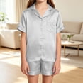 thumbnail image 5 of Dagugfen Sleepwear Suit Sets for Teens Short Sleeve Button down Shirts Collared Neck Elastic Waist Shorts Soft Homewear Comfy Outfits(14-15Years,Gray), 5 of 7