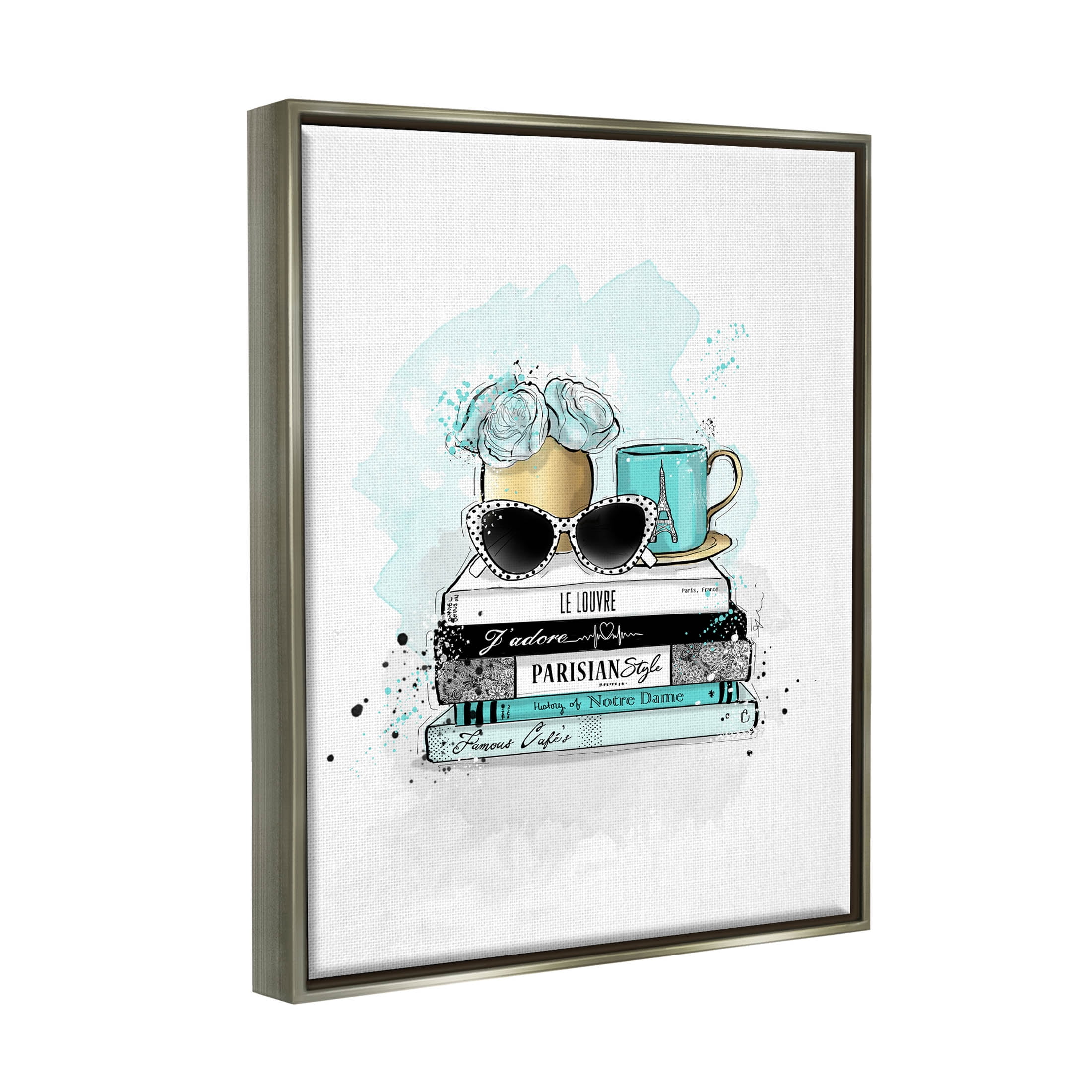 Stupell Industries Turquoise Fashion Book Stack Graphic Art Luster Gray Floating Framed Canvas Print Wall Art, Design by Alison Petrie