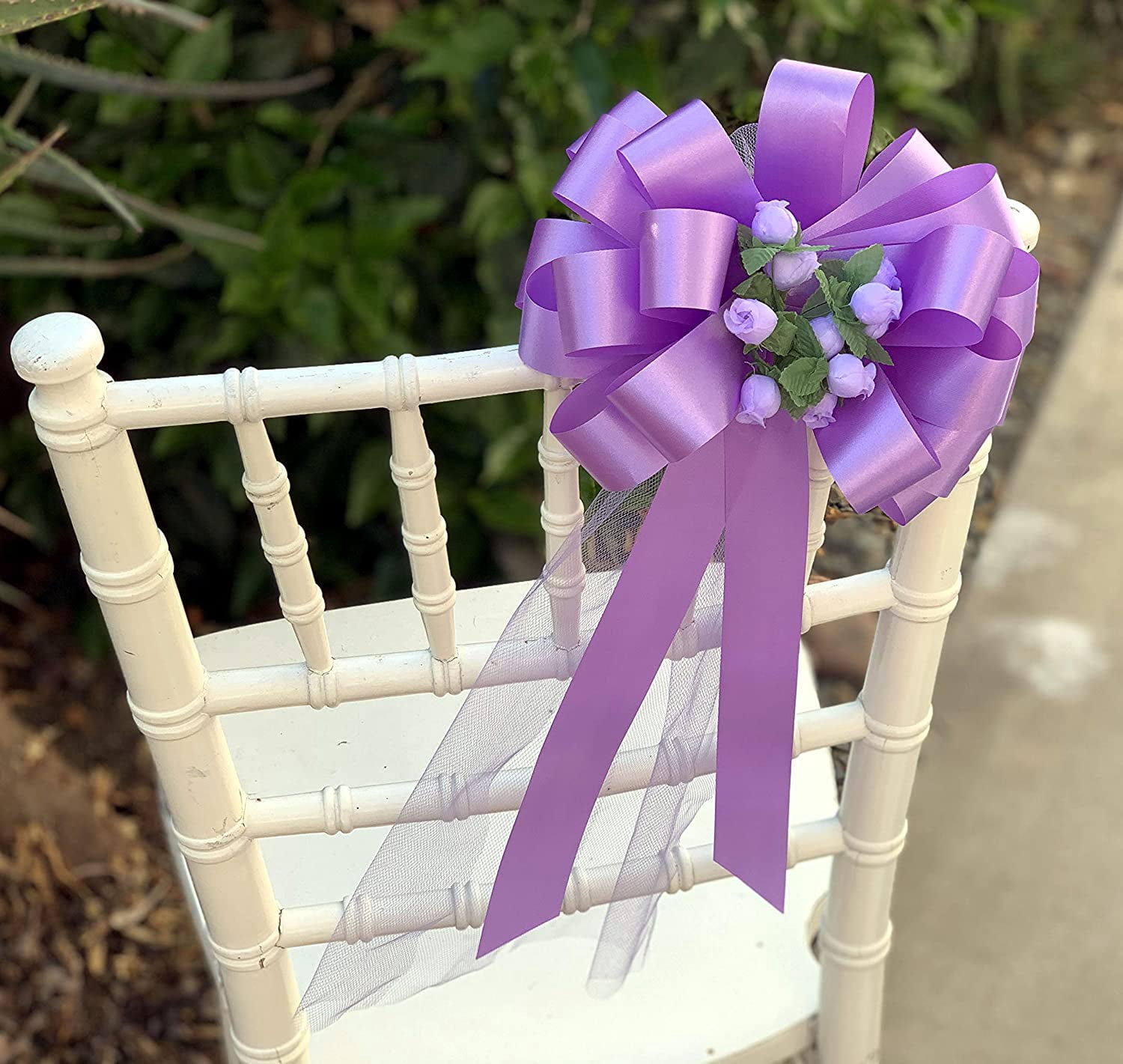 Lavender Pull Bows with Tulle Tails and Rosebuds - 8" Wide, Set of 6, Wedding, Easter