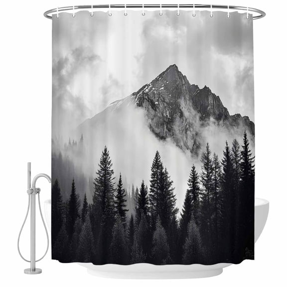 Pine Forest Mountain Fabric Shower Curtain Black White Washable Shower Curtains for Bathroom, Waterproof Bath Curtain with Hooks Home Decor 36x72in