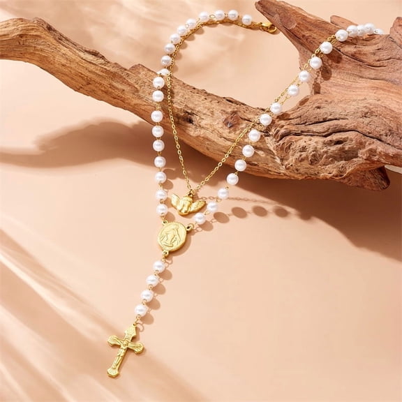 SKQIT Necklace for Women, 18K Gold Plated Double-Layered Imitation Pearl Cross Pendant with Adjustable Chain, Fashion Jewelry Gift for Women