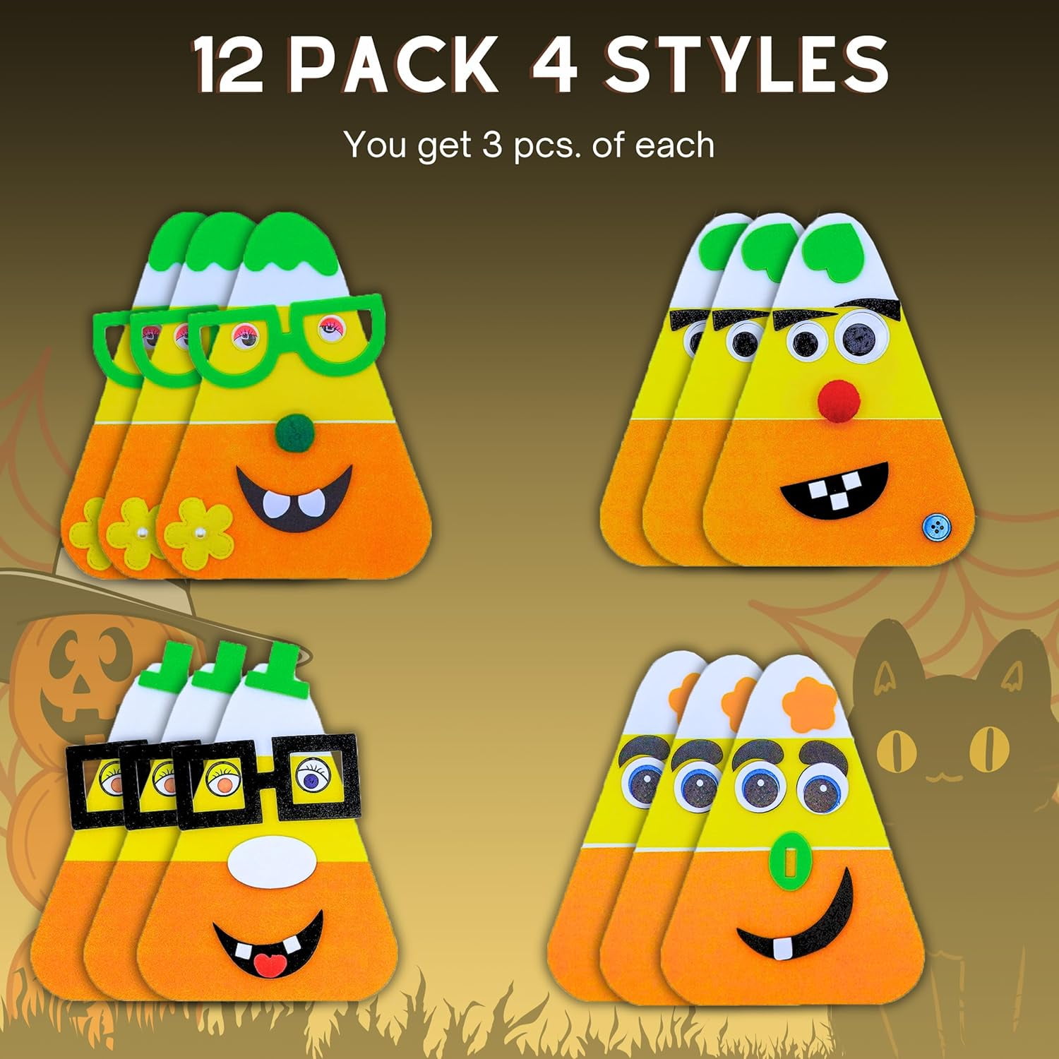 4E's Novelty 12 Pack Halloween Crafts for Kids, Goofy Candy Corn Magnet Foam Craft Kit