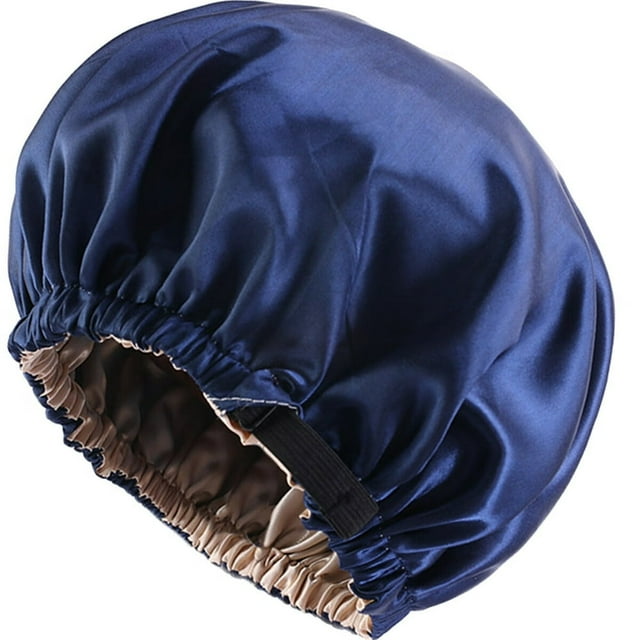 Bonnet en Satin Réglable Sommeil Réversible Double Couche Douches Réutilisables Élastique Tête de Sommeil pour les Femmes Filles Soins des Cheveux de Lavage du Visage et de Nuit Dormir (Violet/noir/bleu Marine)