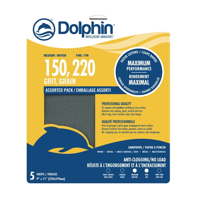 Blue Dolphin Anti-Clogging/No Load Aluminum-Oxide Sandpaper Assorted Med/Fine Grits 9" x 11" Sheet (5 pack)