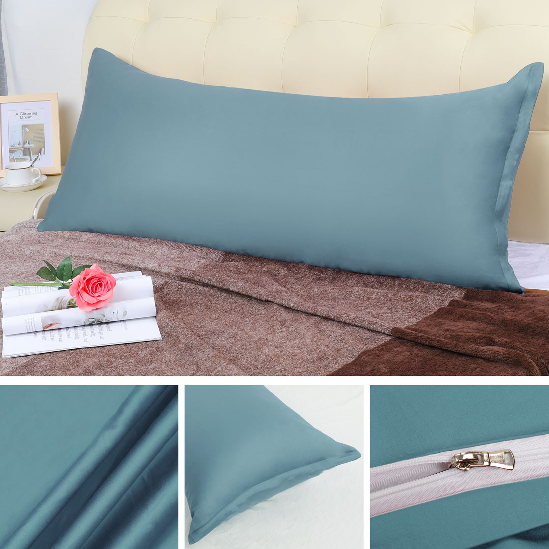 Unique Bargains Egyptian Cotton Zipper Long Body Pillow Cover Slate Blue 20" x 48"