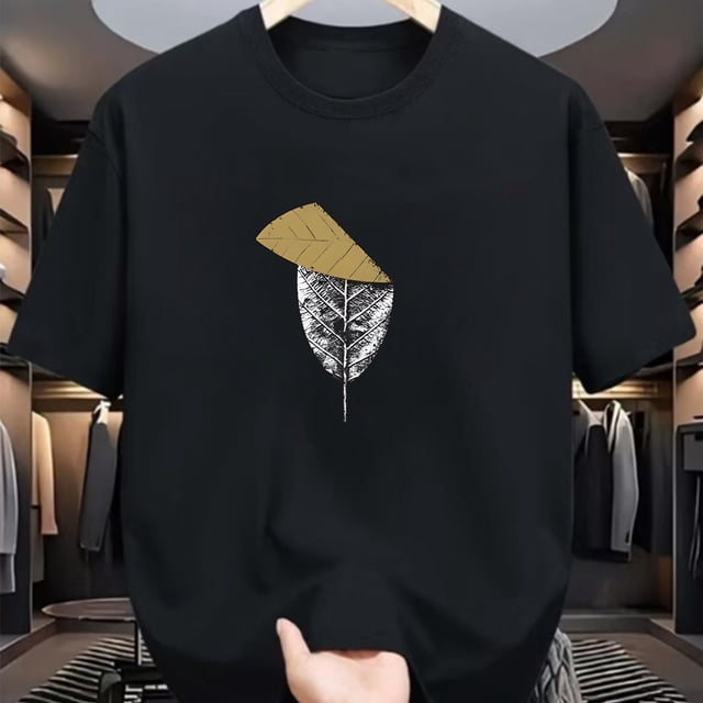 T-Shirt Décontracté pour Hommes à Imprimé Numérique avec Motifs de Feuilles - en Polyester, avec un Col Rond, des Manches Courtes, Style Street Hip-Hop, Tendance Mode Été Européenne et Américaine, et une Ambiance Sportive