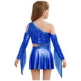thumbnail image 2 of TSSOE Kids Girls 2 Piece Sequin Jazz Dance Outfit Long Sleeve Metallic Fringed Crop Top and Mini Pleated Skirts Set Royal Blue 16, 2 of 7
