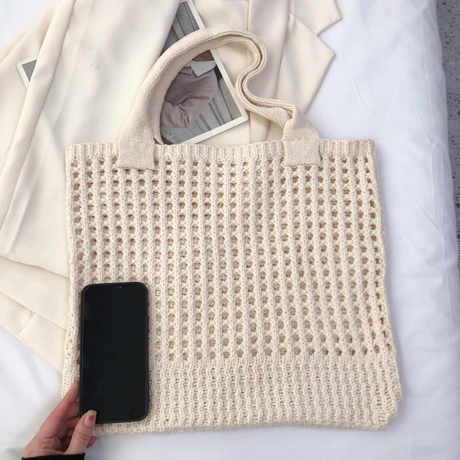 Kukuzhu Crochet Beach Bags for Women, Woven Travel Tote Fishing Net Handbag Shopping Large Hobo Shoulder Bag for for Holiday