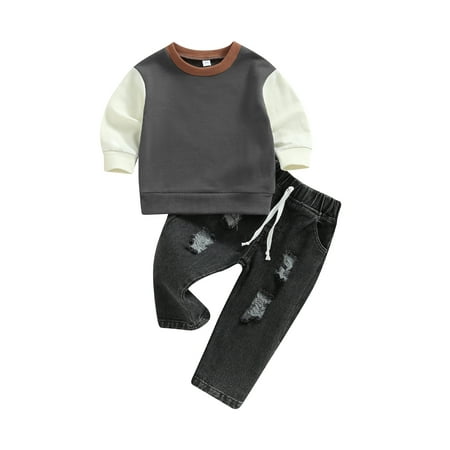 

Toddler Boy Clothes Long Sleeve Round Neck Patch Color Tops Drawstring Denim Pants Casual Baby Boy Outfits