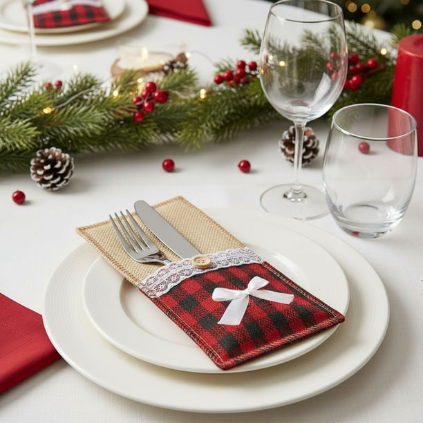 Juego de cubiertos de lino, adornos navideños, cuchillo y tenedor navideños, decoración navideña, decoración de restaurantes, decoración de hoteles, juego de cuchillo y tenedor navideños de lino, deco
