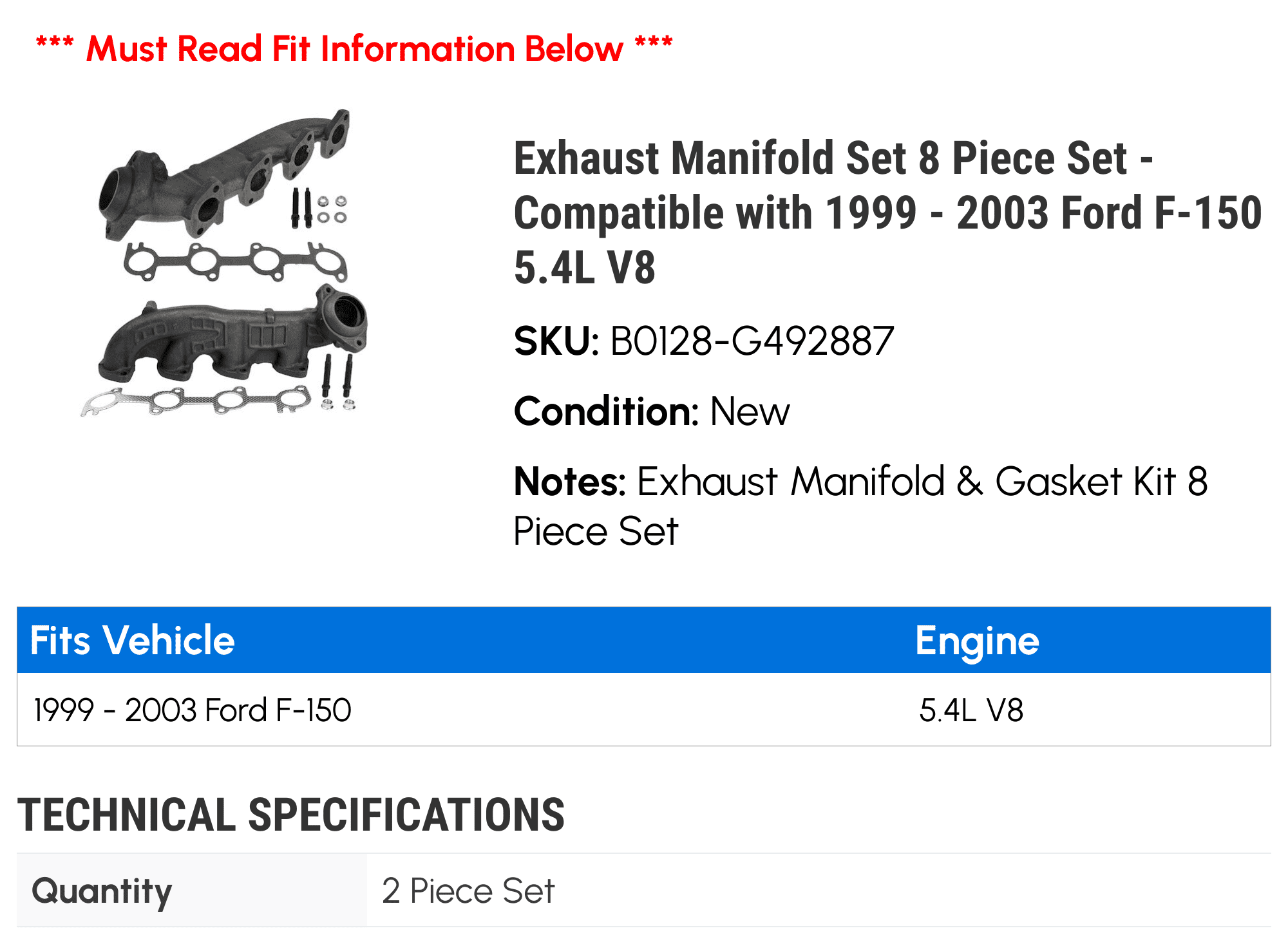 Exhaust Manifold Set 8 Piece Set - Compatible with 1999 - 2003 Ford F-150 5.4L V8 2000 2001 2002