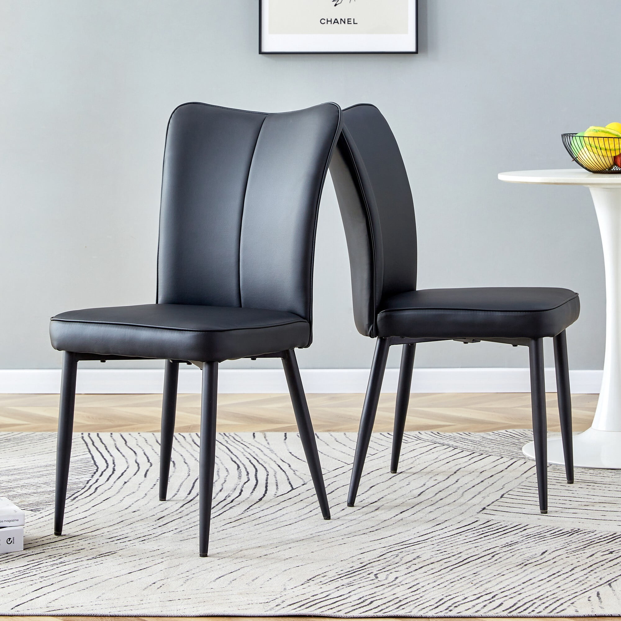 AENKYO Dining Room Chairs Set of 2, PU Leather Upholstered Kitchen Table Chairs with High Back and Metal Legs, Black