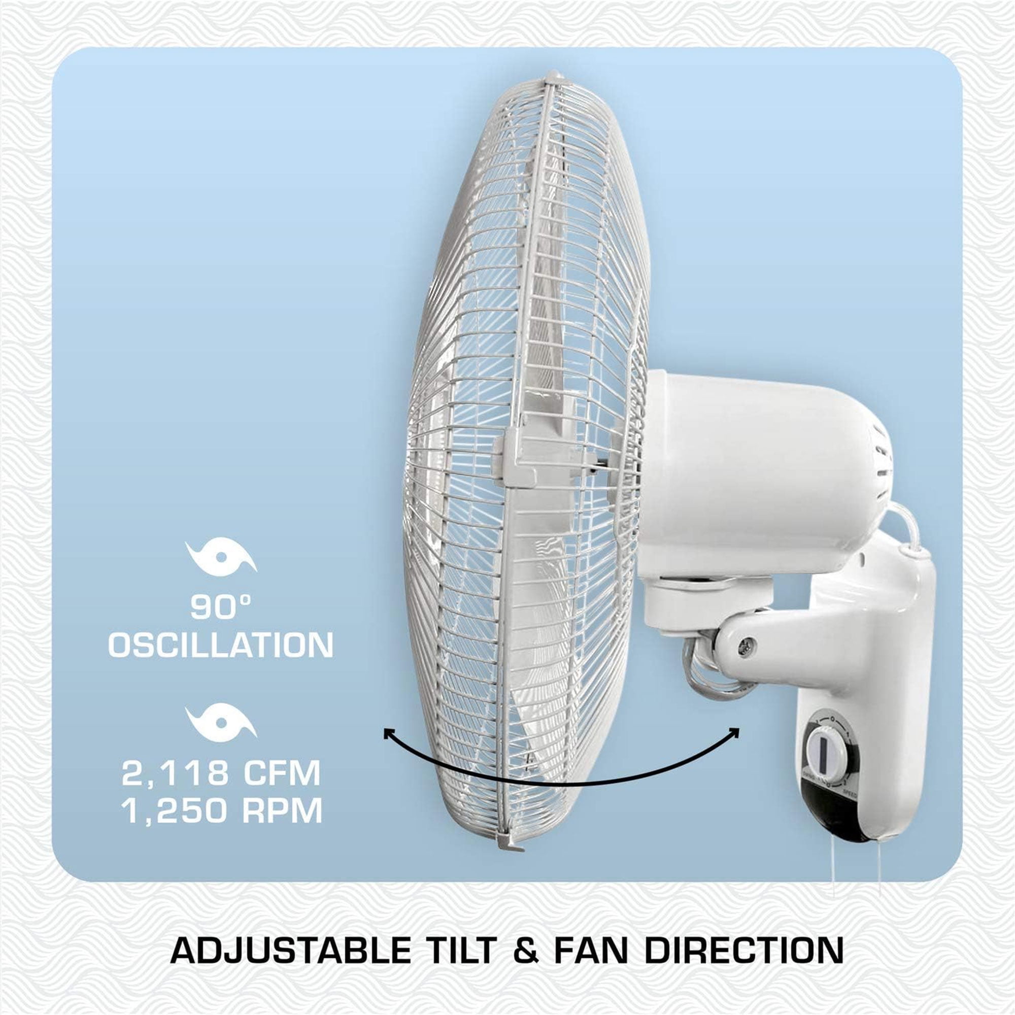 Hurricane Classic 16 Inch 90 Degree Oscillating Wall Mounted Fan, White