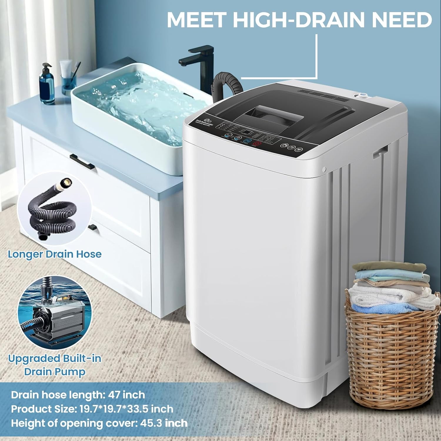 Veeboto 20 LBS Washing Machine, Fully-Automatic Washing Machine, 10 Wash Programs/8 Water levels with Drain Pump, Laundry with LED Display & 1 Adjustable feet for Home, Apartment, Dorm