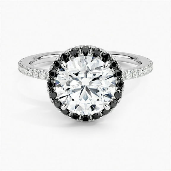 Ember Jewelry 14k White Gold Plated 1.79 Ct Round Cut Moissanite Ring - Beautiful Engagement Wedding Promise Ring - Unique Black Moissanite Halo Ring - A Timeless Addition to Her Jewelry Collection