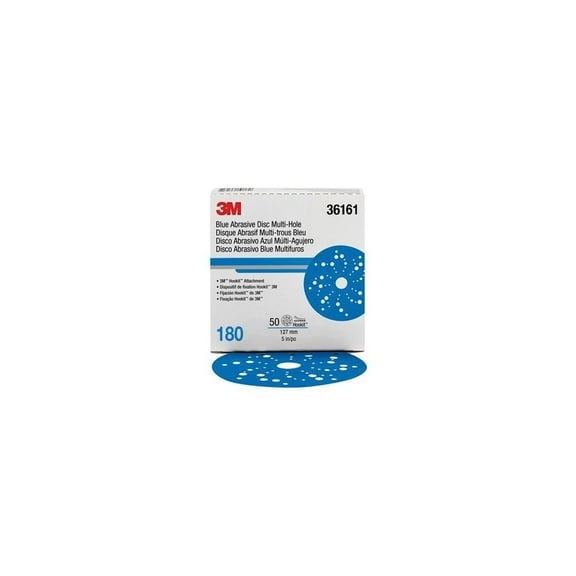 3M 36161 321U Series Multi-Hole Abrasive Disc, 5 in Dia, 180 Grit, Hook and Loop, Blue