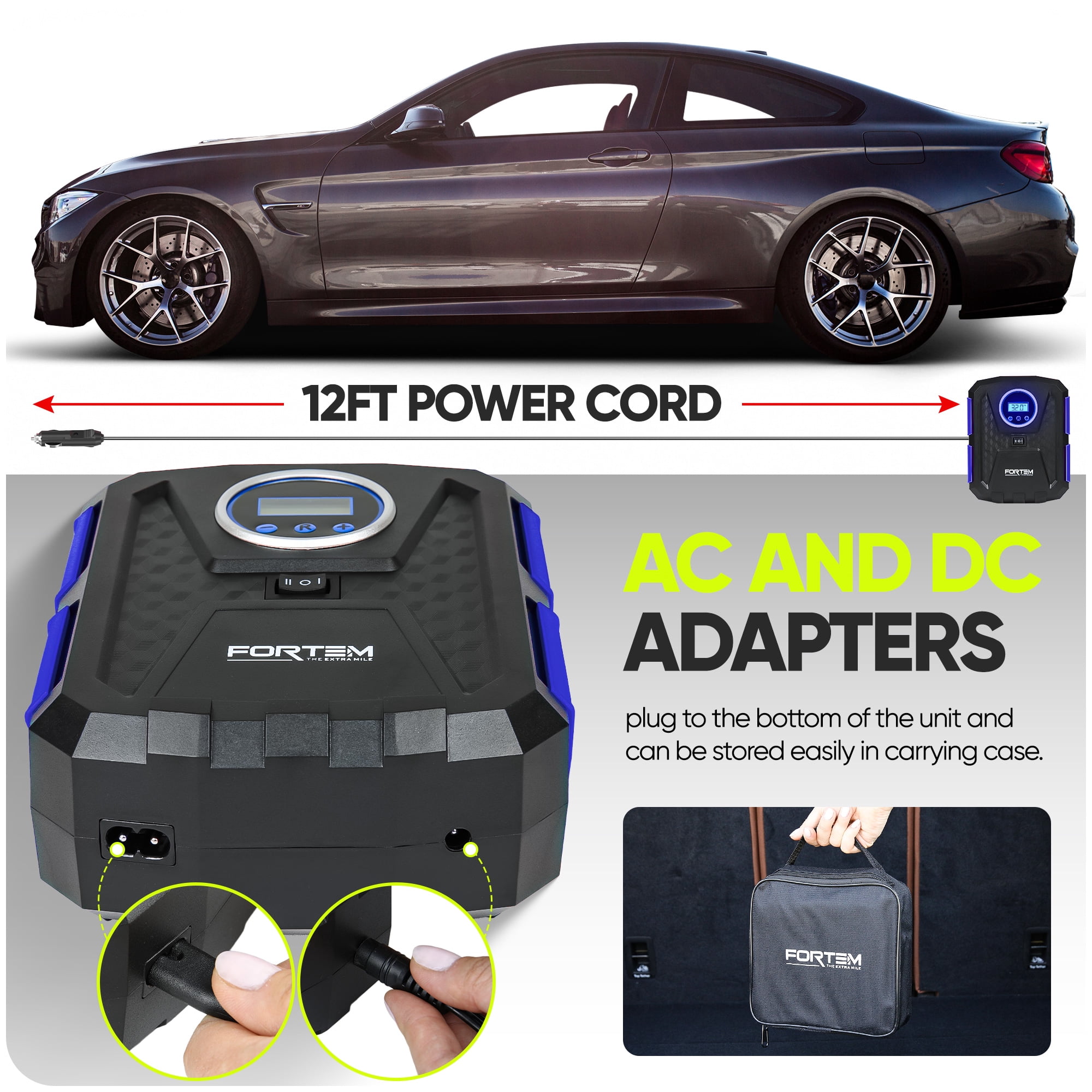 FORTEM Tire Inflator 150 PSI, Bike Pump, 112V AC 12V DC Air Pump for Car Tires, Digital Tire Pressure Gauge w/Auto Pump/Shut Off, Carrying Case (Blue)