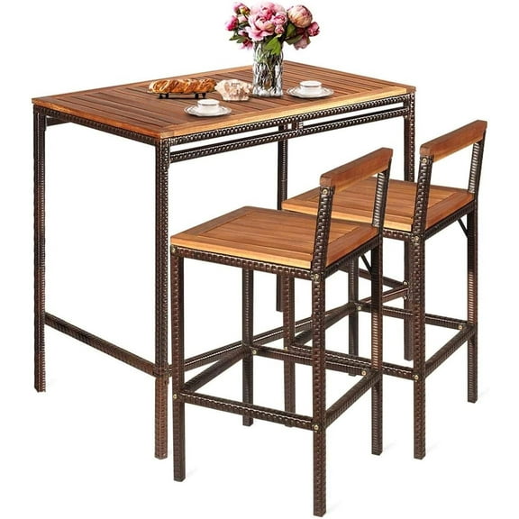 HAPPYGRILL 3 Pieces Outdoor Wicker Rattan Bar Set, Acacia Wood Patio Dining Furniture Set with 2 Chairs for Poolside Backyard Patio Balcony