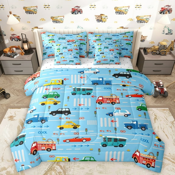 Homewish Cartoon Car 7-Piece Twin Bedding Sets,Fire Truck Bedding Comforter Set,Traffic Light Sheet Sets For Boy,Super Cozy Room Decor Reversible