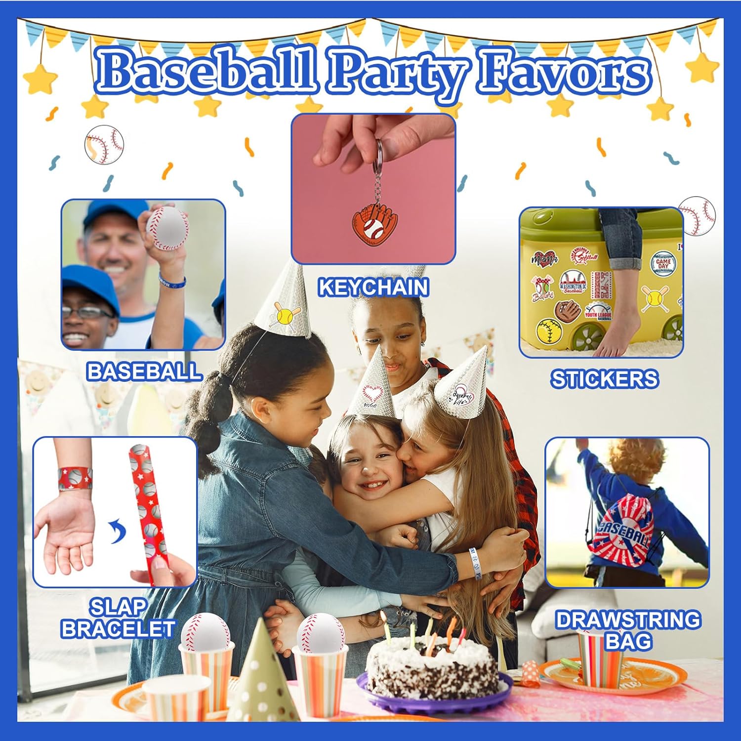 Baseball Party Favor Set, 110 Pieces With Drawstring Bags, Mini Balls, Wristbands, Slap Bracelets, Keychains And Stickers For Birthday Party Supplies