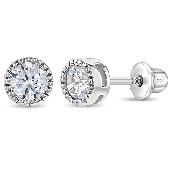 925 Sterling Silver 5mm Clear Bezel Cubic Zirconia Screw Back Toddler Earrings