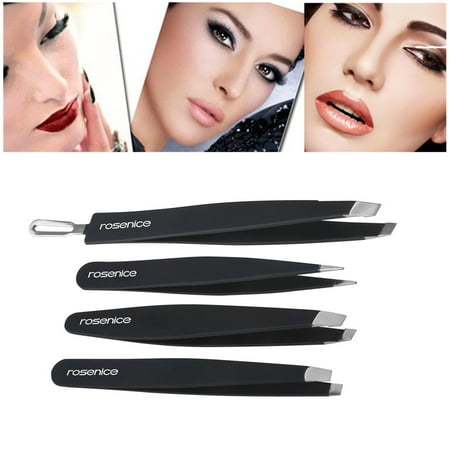Rosenice Professional 401 Stainless Steel Slant Tip Tweezer Best Precision Eyebrow Tweezers Kit with Rubber Painted,4pcs