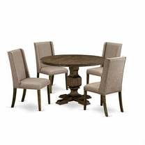 East West Furniture 5 Piece Dining Set Consists of a Mid Century Dining Table and 4 Dark Khaki Linen Fabric Dining Chairs with High Back - Distressed Jacobean Finish