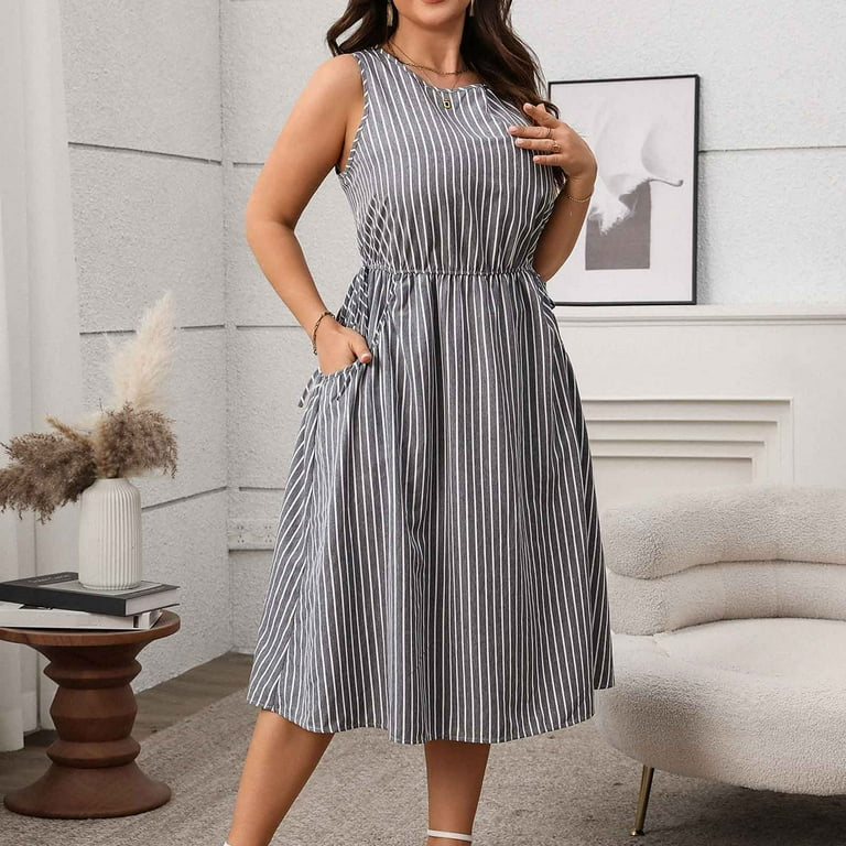 FNFYFH Womens Plus Size Striped Tank Dress Sleeveless Crewneck A Line Midi  Dress Summer Casual Business Dresses