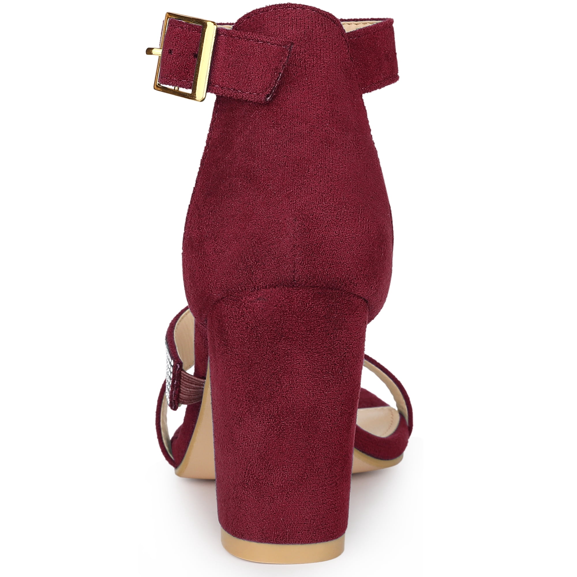DARING DIVA Women's Rhinestone Block Heels Sandals for Casual and Party Burgundy 6.5