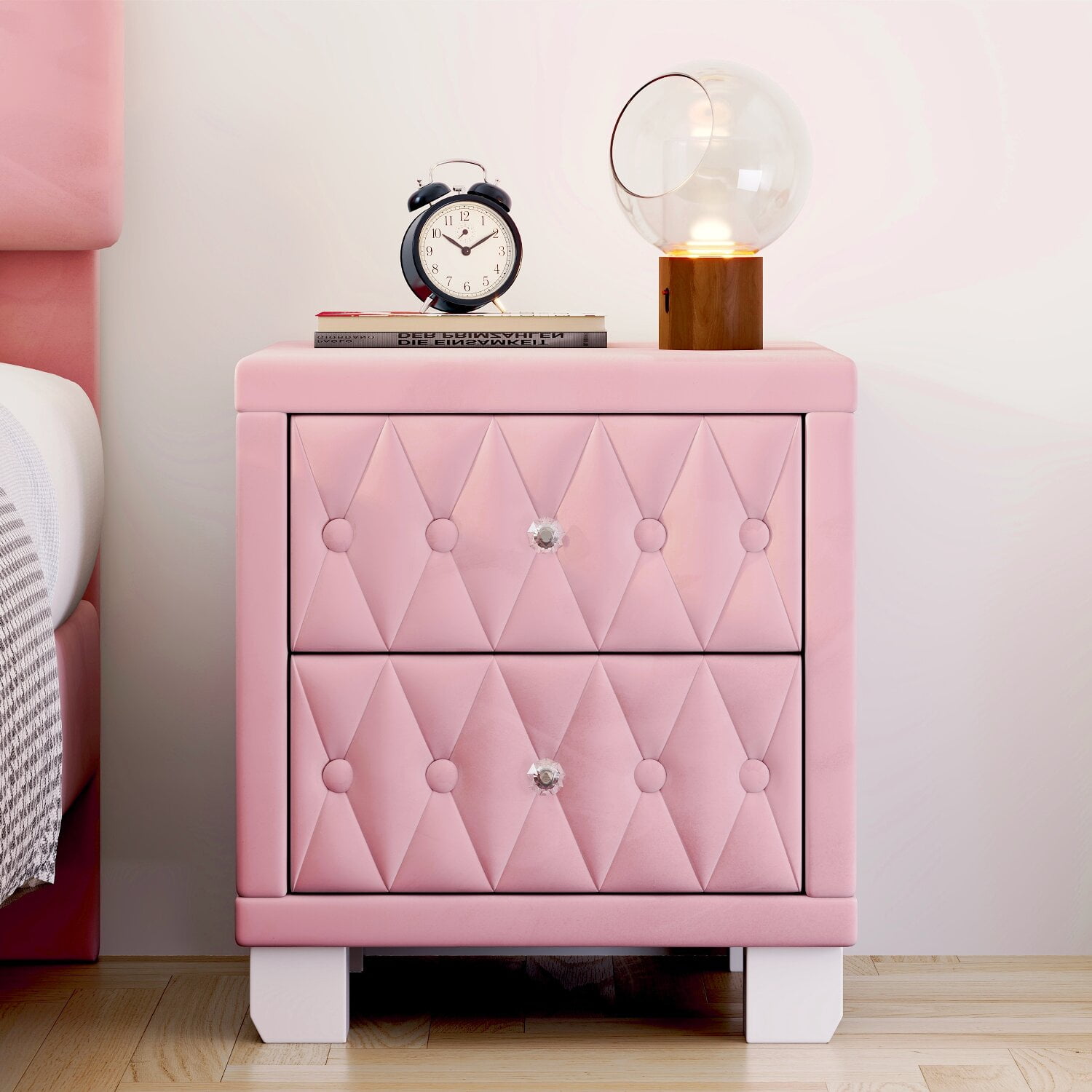 18.1" Velvet Nightstand with 2 Drawers, Modern Button Tufted Bedside Table with Crystal Handles and Glam Storage Cabinet for Bedroom, Living Room, Apartment, Guest Room, Pink