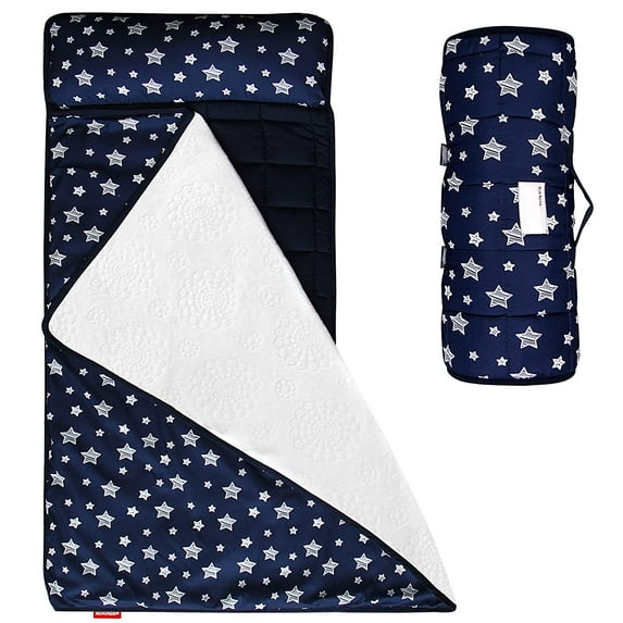 Moonsea Toddler Nap Mat Navy, Removable Pillow and Fleece Minky Blanket, Lightweight and Soft Perfect for Kids Preschool, Daycare, Travel Sleeping Bag for Boys, Designed to Fit on a Standard Cot