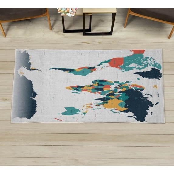 Earth Decorative Rug, Detailed World Map with All Countries Major Capital Cities Universe Continents, Quality Carpet for Bedroom Dorm and Living Room, 6 Sizes, Teal Coral, by Ambesonne