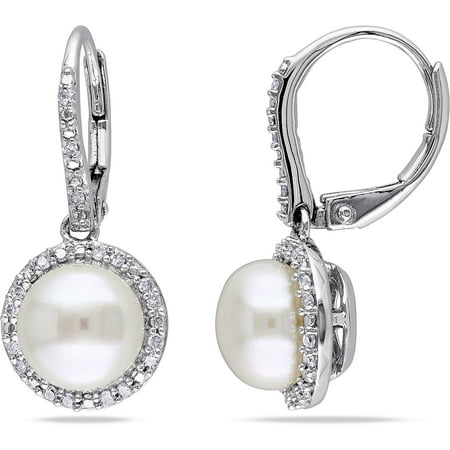 Miabella 8-8.5mm White Round Cultured Freshwater Pearl and 1/5 Carat T.W. Diamond Sterling Silver Halo Leverback Earrings