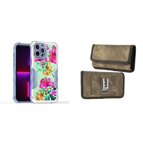 Case and Pouch Bundle for iPhone 14: Heavy Duty Armor Rugged Case (Teal and Pink Hibiscus Flower) and Rugged Denim Nylon Belt Holster (Tan Brown)