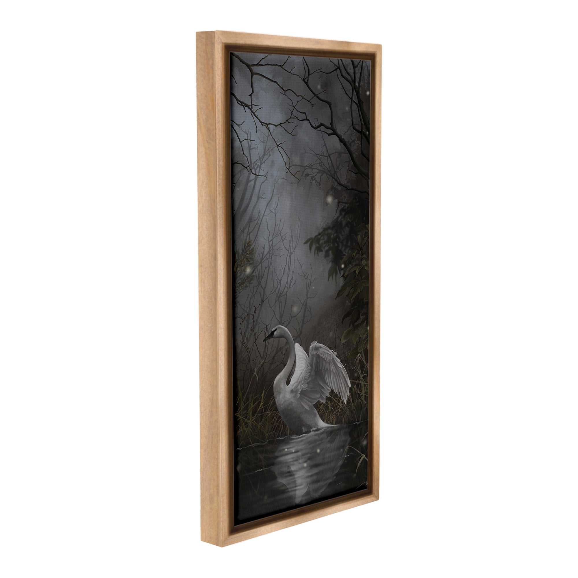 Stupell Industries Swan in Dark Night Pond Animals & Insects Painting Brown Floater Framed Canvas Art Print Wall Art, 11 x 25