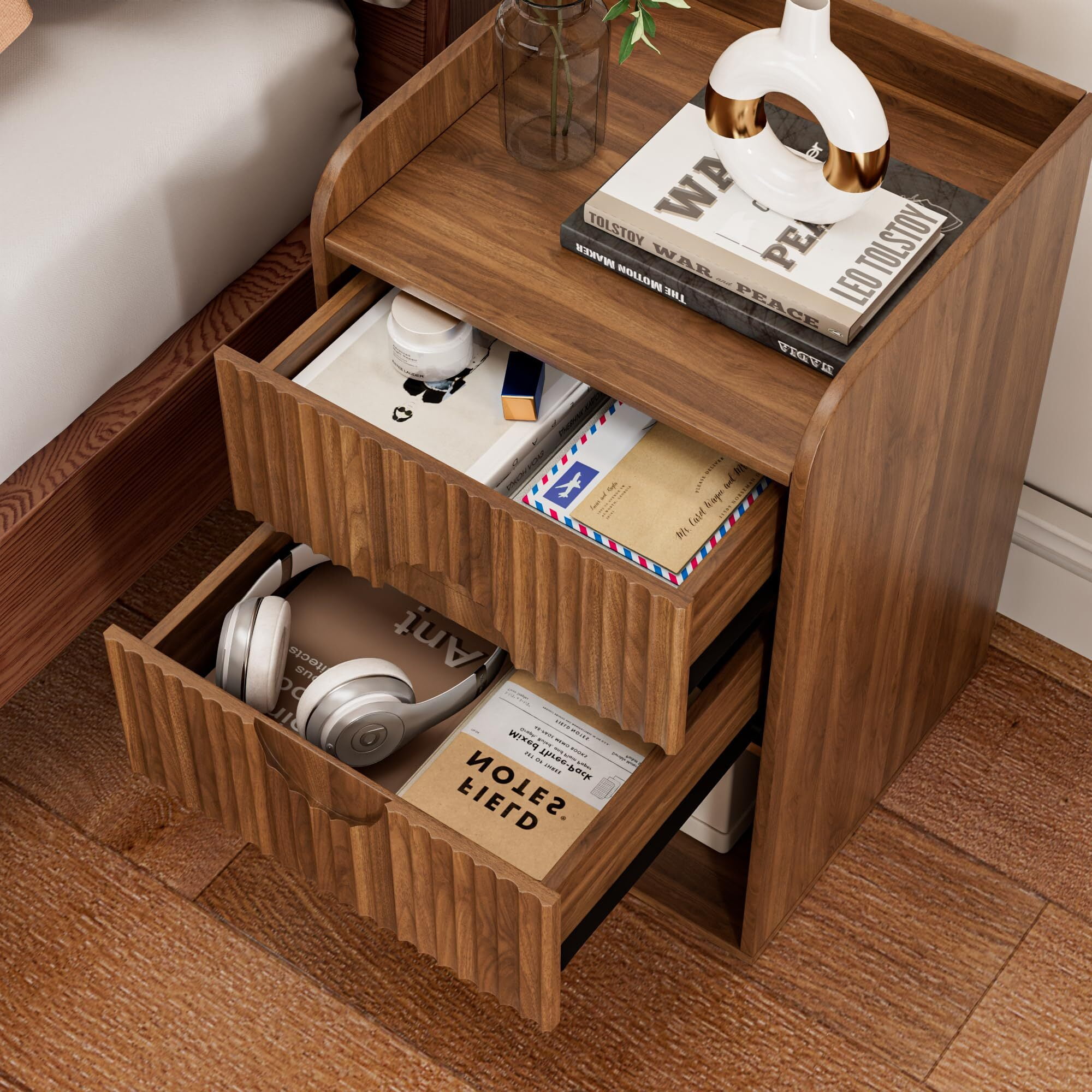 Fluted Nightstand Set of 2, Boho Wooden Bedside Tables with Storage, Mid Century Modern 2 Drawer End Tables, Walnut