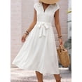 thumbnail image 6 of Women Midi Button Down Shirt Dress Collared Cap Sleeve Pleated Tie Waist Flowy Elegant Dress White S, 6 of 9