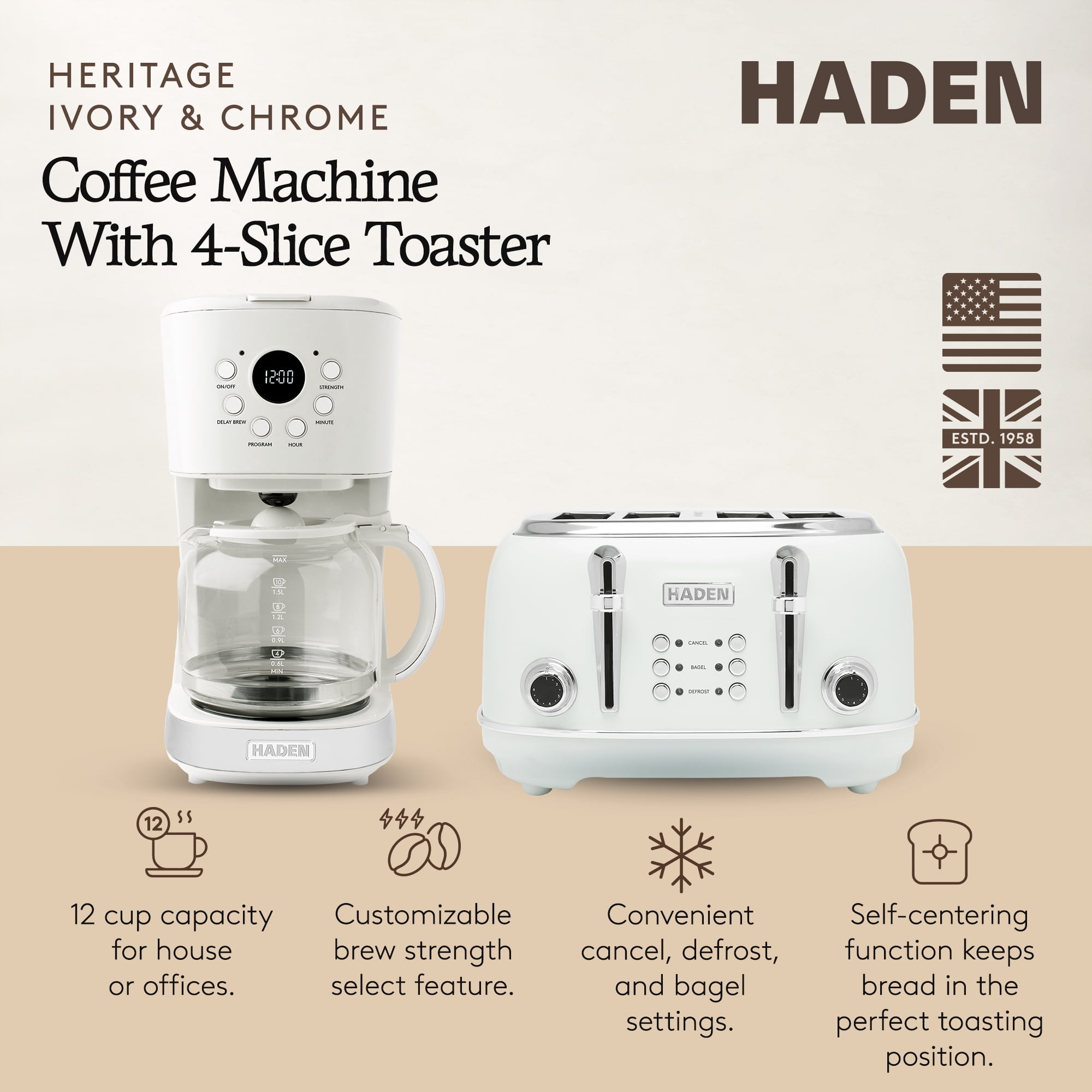 Haden Heritage 4 Slice Wide Slot Toaster & Coffee Maker, Ivory & Chrome