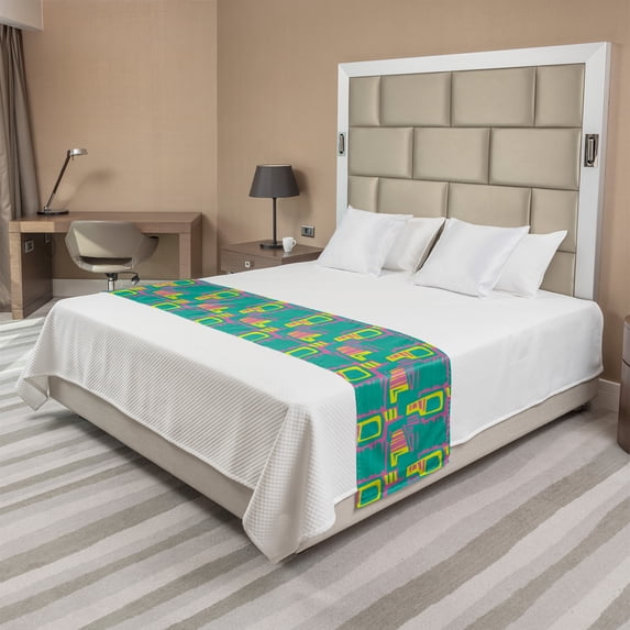 Retro Bed Runner, Funky Formations in Vintage Style Digitally Generated Contours, Decorative Accent Bedding Scarf for Hotels Homes and Guestrooms, King, Green Pale Fuchsia and Yellow, by Ambesonne