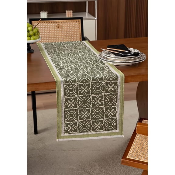 Fennco Styles Reversible Jacquard Vintage Cotton Blend Table Runner 14" W x 72" L - Green Geometric Pattern Dining Table Cover for Home Décor, Banquets, Family Gathering and Special Events