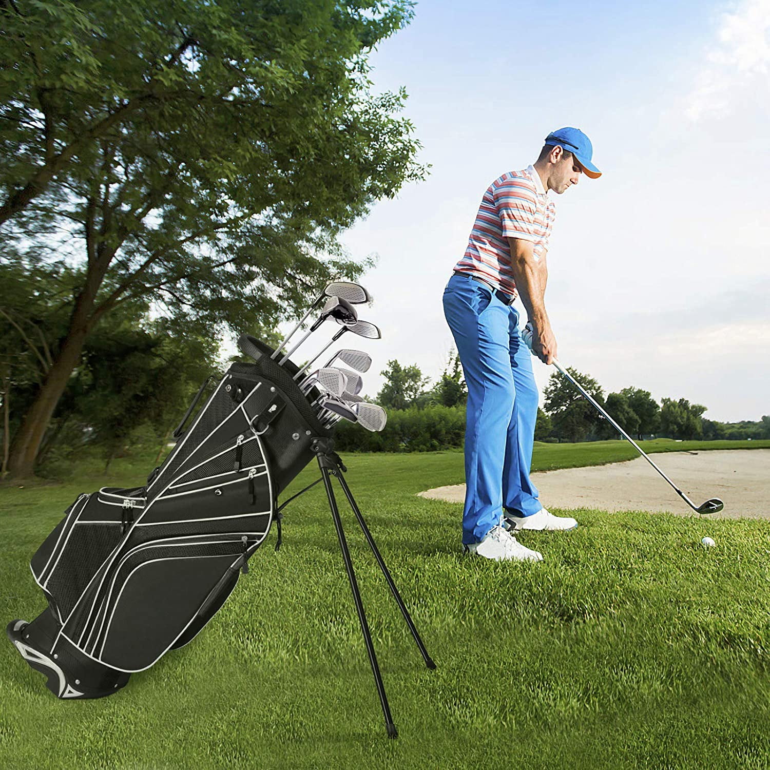 Golf Stand Bag with 6 Way Top Dividers, Lightweight Golf Bag with Adjustable Dual Strap & 8 Pockets, Waterproof Rain Hood, Portable for Men Women