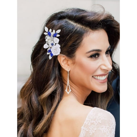 Flower Wedding Hair Clip Silver Hair Comb Blue Bridal Hairpiece Rhinestone Hair Pin Festival Wedding Hair Accessories for Women and Girls