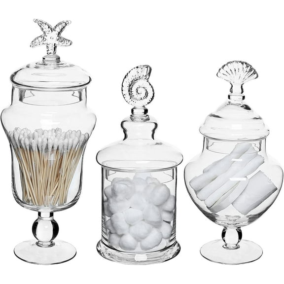MyGift Clear Glass Set of 3 Seashell Handle Apothecary Jars / Food Storage Canisters