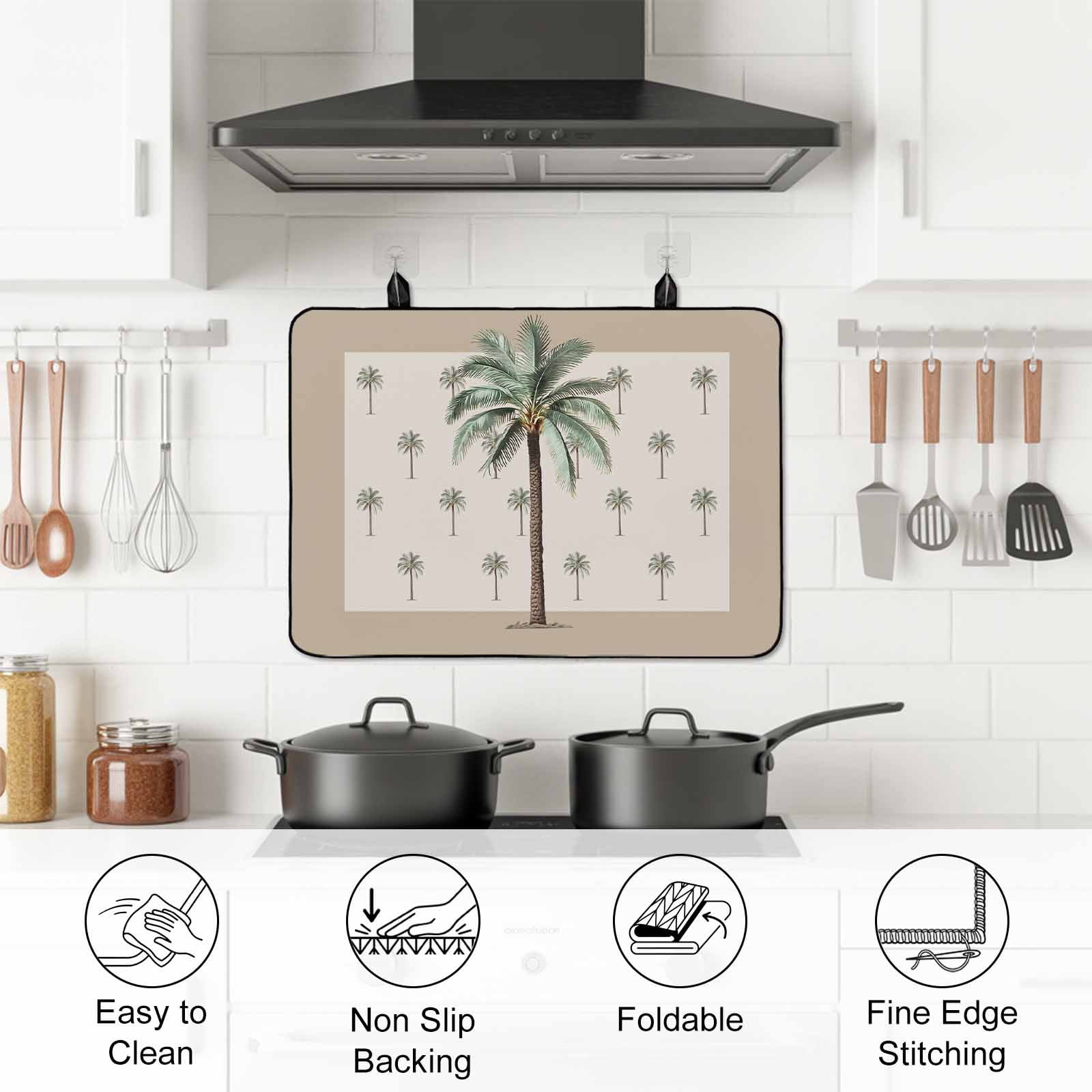 Palm Trees Stove Top Cover for Electric Stove, Heat-proof & Non Slip Glass Top Stove Cover Protector, Brown Tropical Plants Summer Green Kitchen Flat Cooktop Rubber Mat 24x21 Inches