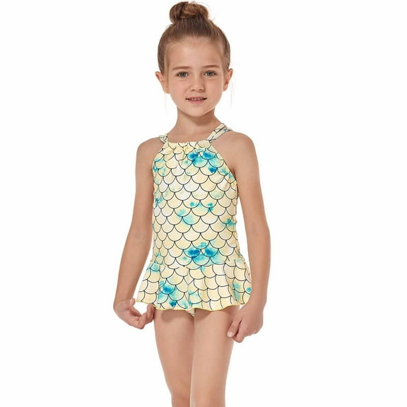 Leutsin Baby Girls Swimwear Children's Swimsuit Sleeveless Printed Mesh Binding One-piece Skirt Swimsuit