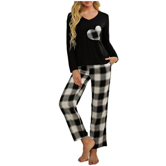 Womens Pajamas Sets Long Sleeve Plaid Heart Print Pullover Tops Loose Wide Leg Plaid Pajamas Pants Loungewear Sleepwear