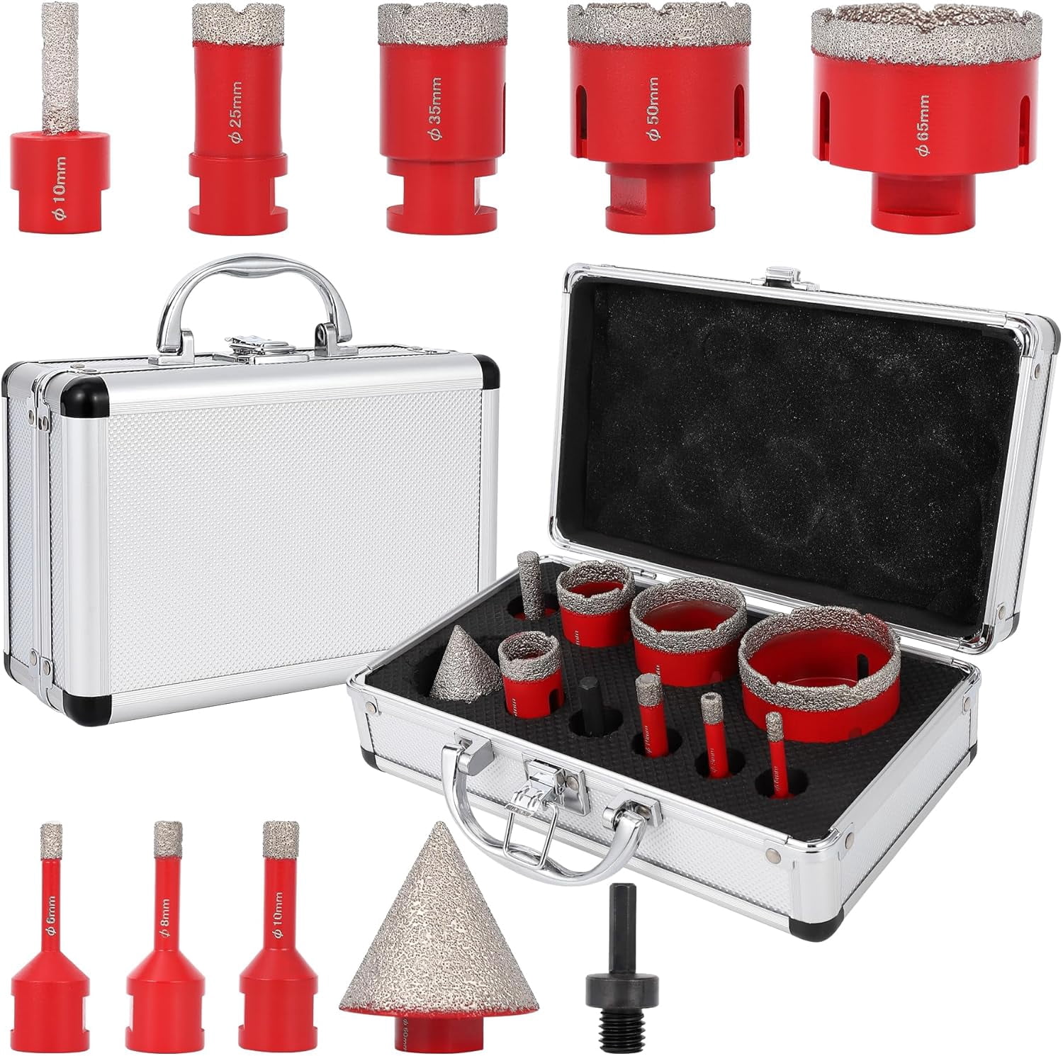 QinaQin 10Pcs Tile Hole Saw Kit,Diamond Hole Saw Kit with 6/8/10/25/35/50/65mm Tile Drill Bits for Ceramic,Tiles,Marble and More Drilling,Red