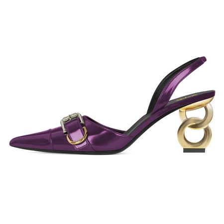 XYD Women Special Double Circle Mid Heels Slip-on Slingbacks Pumps Metal Buckle Pointed Closed Toe Party Office Shoes Size 10 Purple