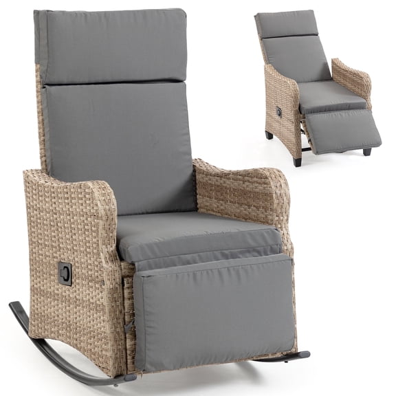DELMANGO Outdoor Recliner Chair with Rocking/Flat Footrest, 90°–135° Reclining Backrest, Rattan Wicker & Removable Cushion for Patio, Garden, Balcony, Porch Gray